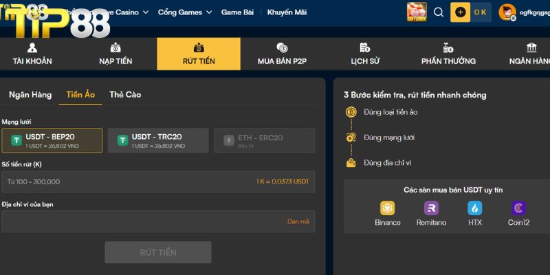 Rút Tiền TIP88 – Hướng Dẫn Giao Dịch An Toàn Cho Bet Thủ Hướng dẫn rút tiền TIP88 nhanh chóng chỉ trong 10 phút